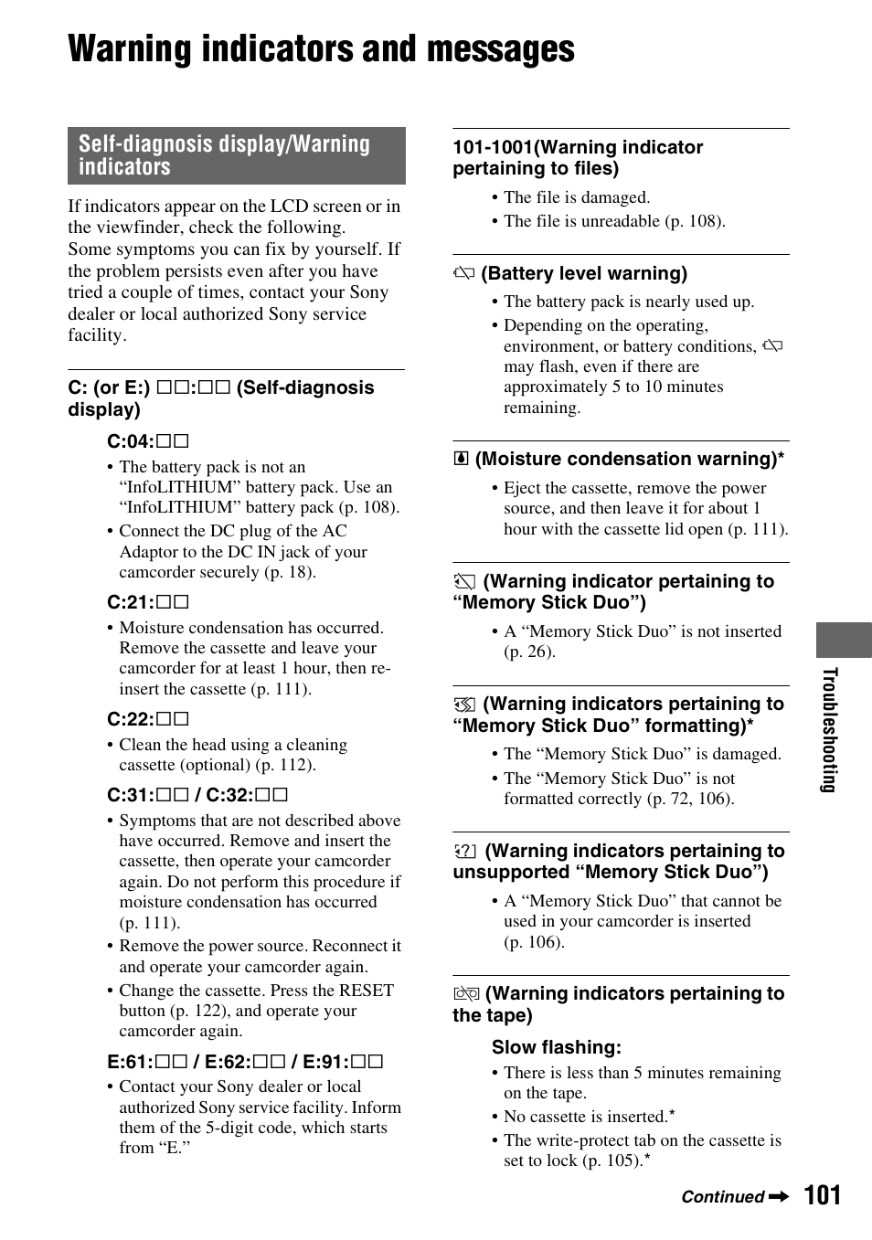Warning indicators and messages, Self-diagnosis display/warning indicators | Sony HDR-FX7 User Manual | Page 101 / 131