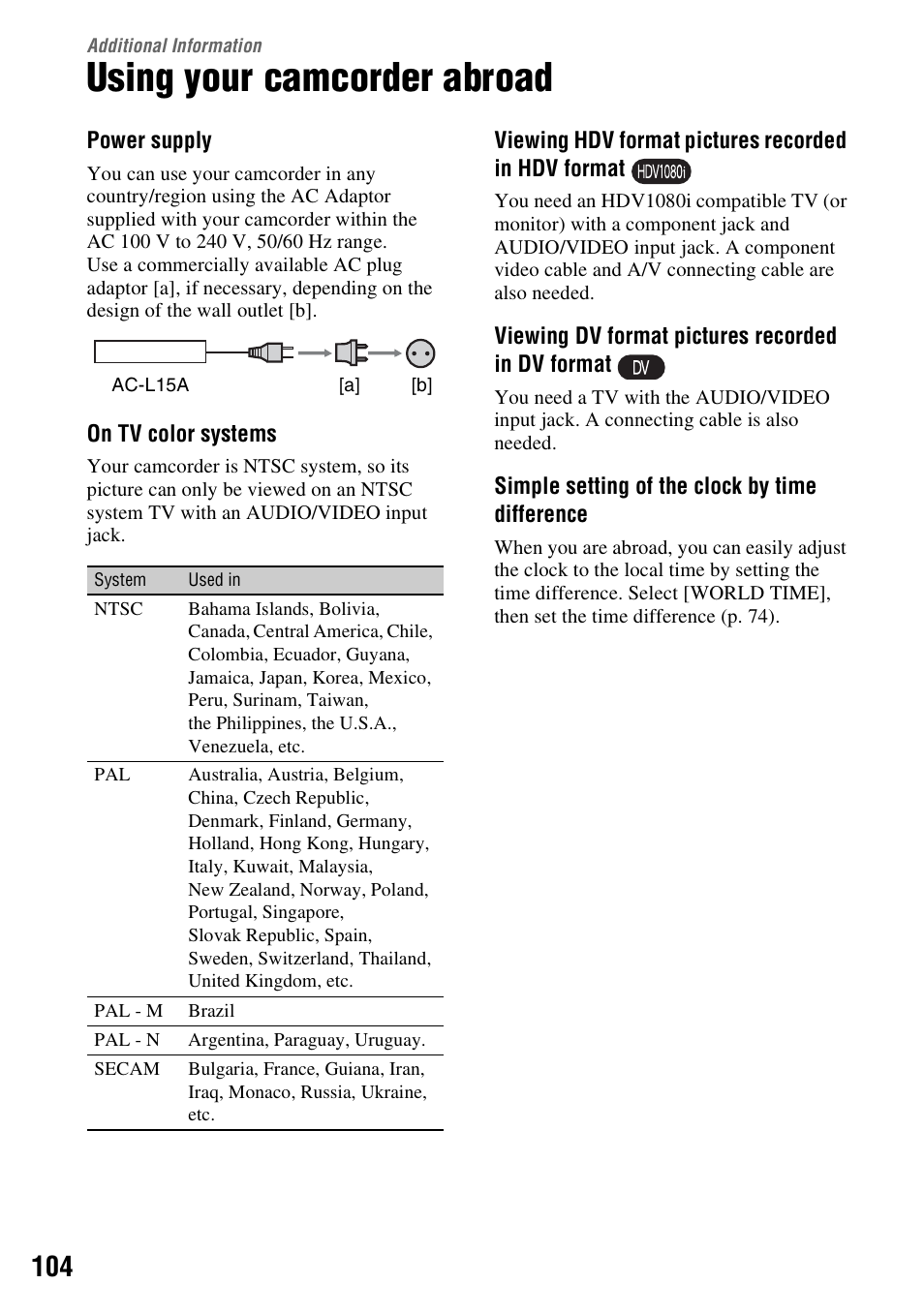Additional information, Using your camcorder abroad | Sony HDR-FX7 User Manual | Page 104 / 131