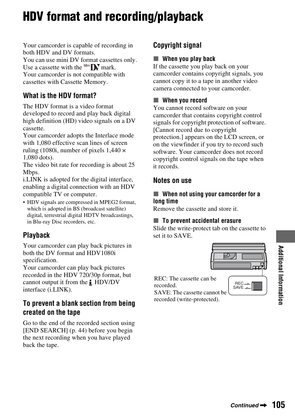 Hdv format and recording/playback, 105 and 106, P. 105) | P. 105 | Sony HDR-FX7 User Manual | Page 105 / 131