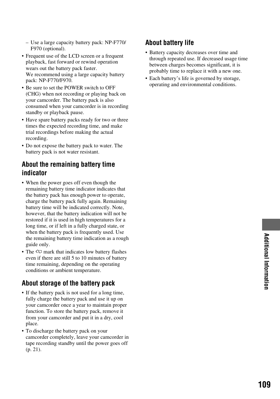 About the remaining battery time indicator, About storage of the battery pack, About battery life | Sony HDR-FX7 User Manual | Page 109 / 131