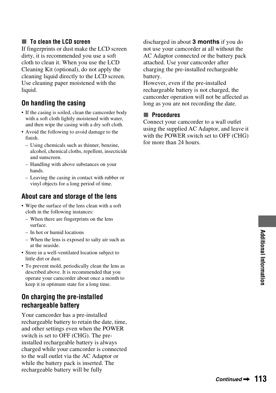 On handling the casing, About care and storage of the lens, On charging the pre-installed rechargeable battery | Sony HDR-FX7 User Manual | Page 113 / 131
