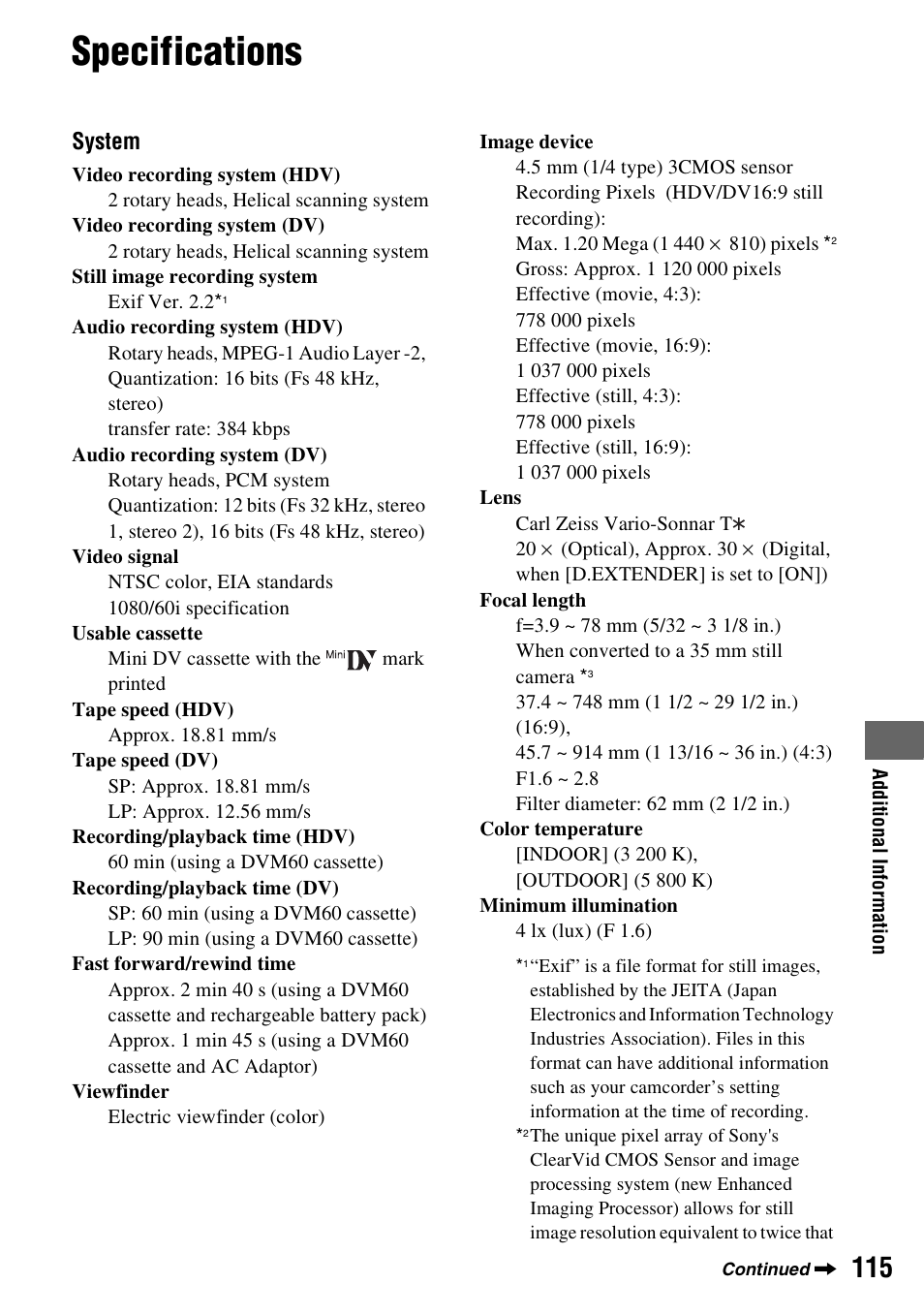 Specifications | Sony HDR-FX7 User Manual | Page 115 / 131