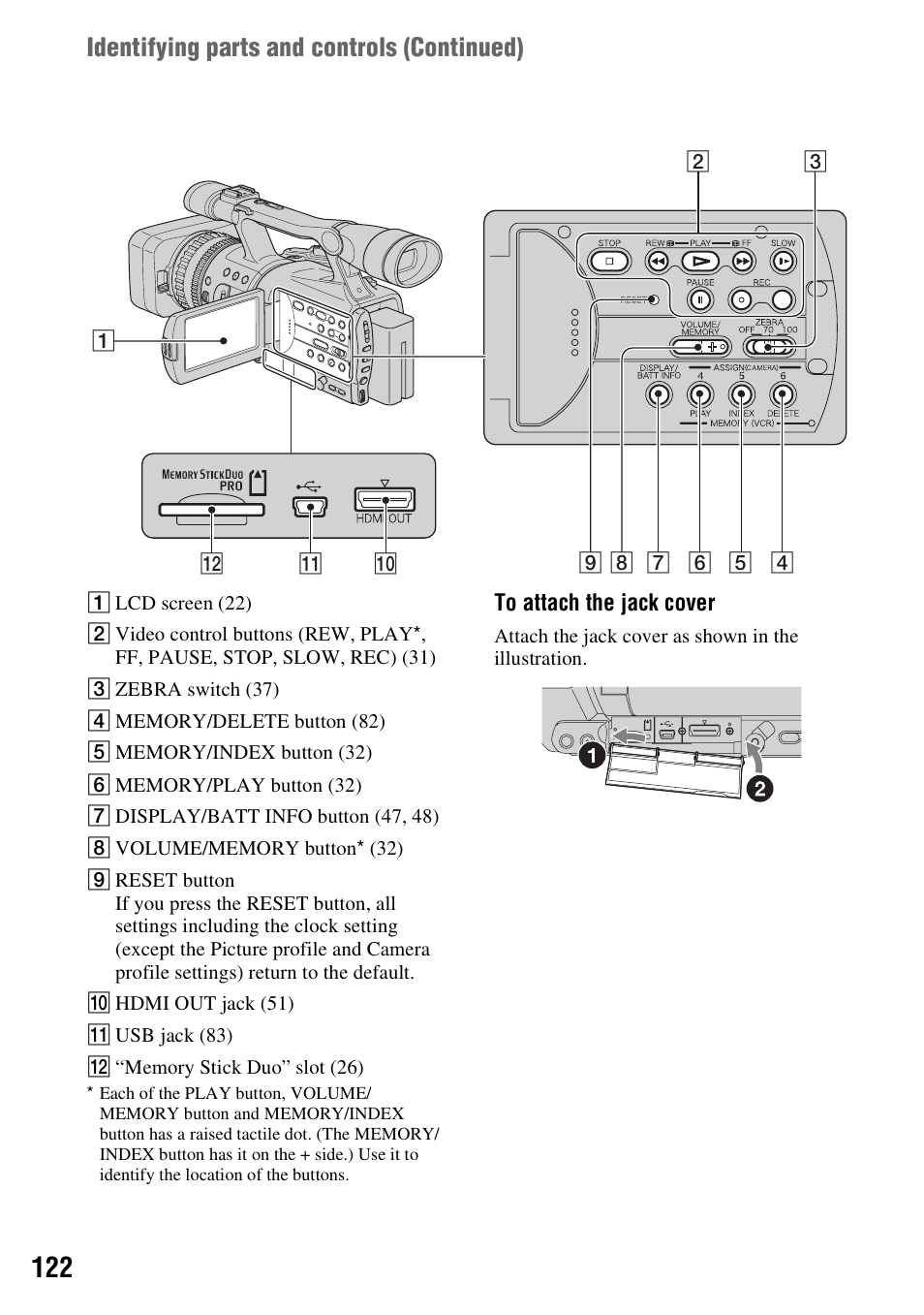 P. 122), N (p. 122), Identifying parts and controls (continued) | Sony HDR-FX7 User Manual | Page 122 / 131