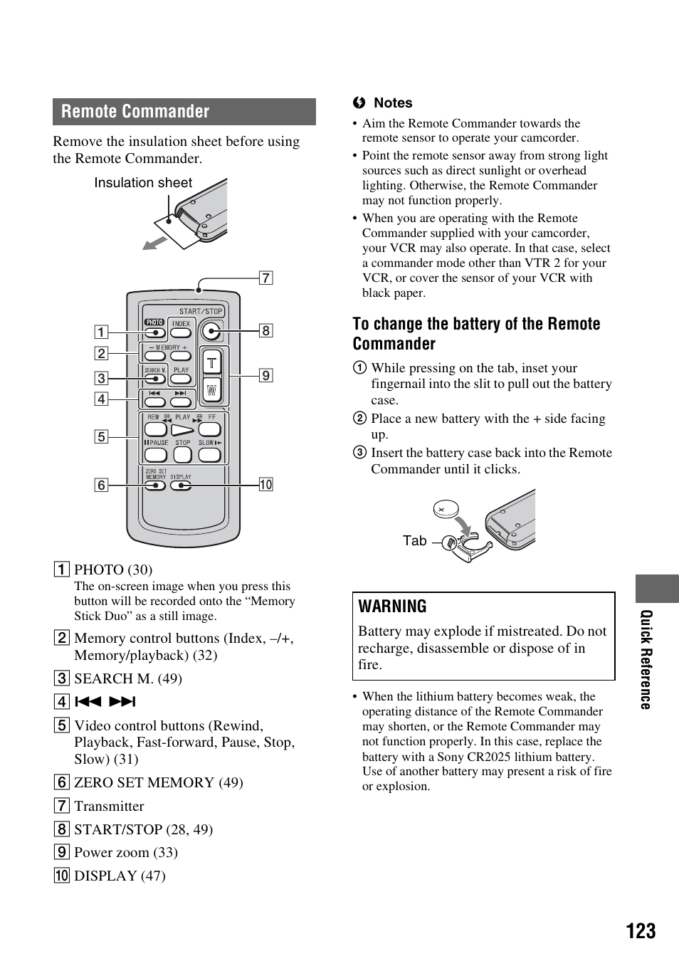 P. 123), T (p. 123, Remote commander | Warning | Sony HDR-FX7 User Manual | Page 123 / 131
