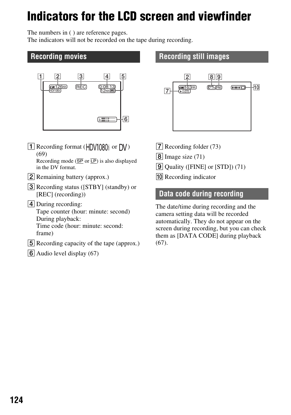 Indicators for the lcd screen and viewfinder, Recording movies, Recording still images data code during recording | Sony HDR-FX7 User Manual | Page 124 / 131