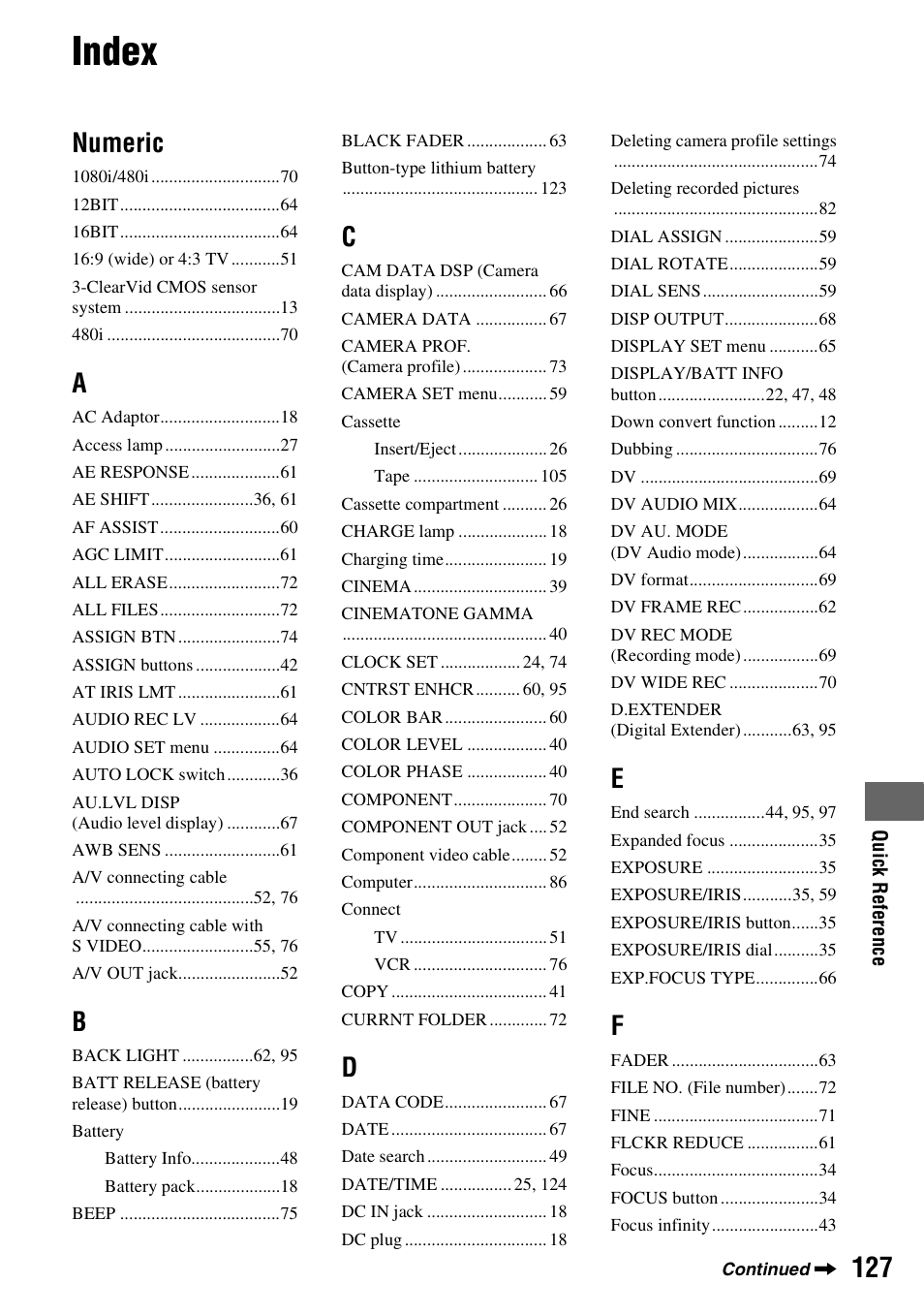 Index, Numeric | Sony HDR-FX7 User Manual | Page 127 / 131