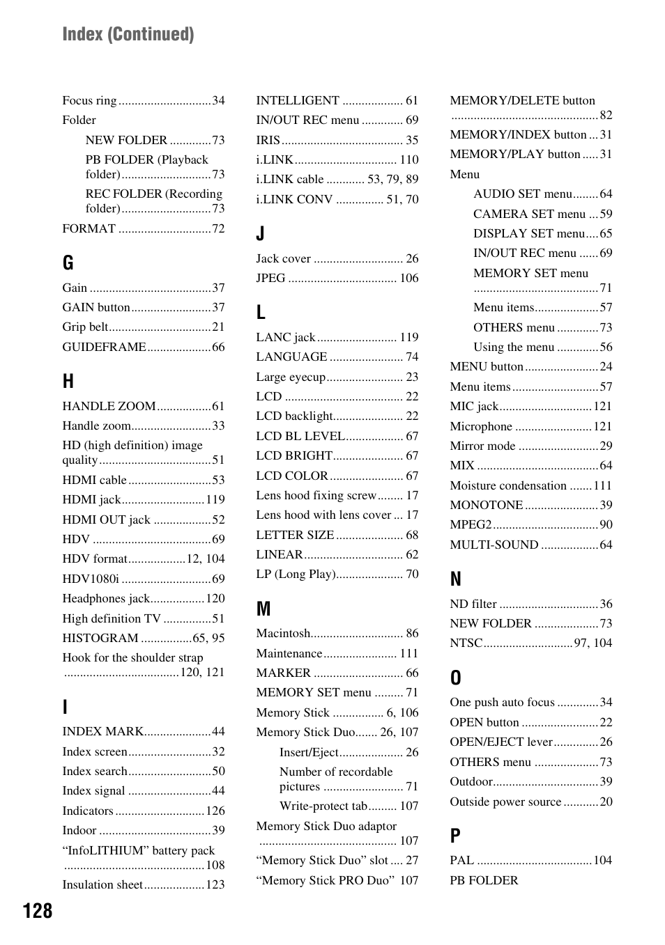 Index (continued) | Sony HDR-FX7 User Manual | Page 128 / 131