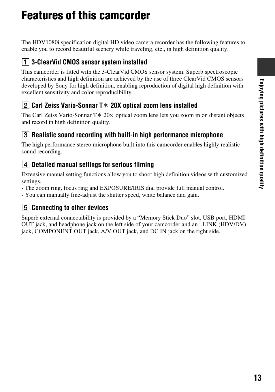 Features of this camcorder | Sony HDR-FX7 User Manual | Page 13 / 131