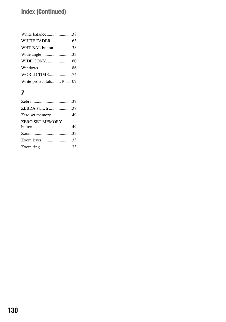 Index (continued) | Sony HDR-FX7 User Manual | Page 130 / 131