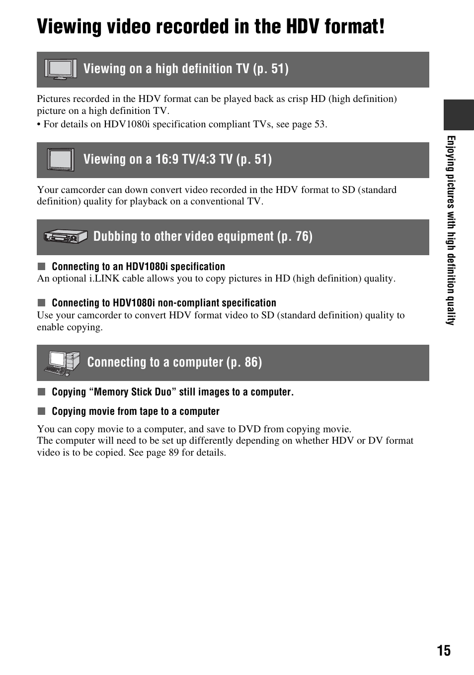 Viewing video recorded in the hdv format | Sony HDR-FX7 User Manual | Page 15 / 131