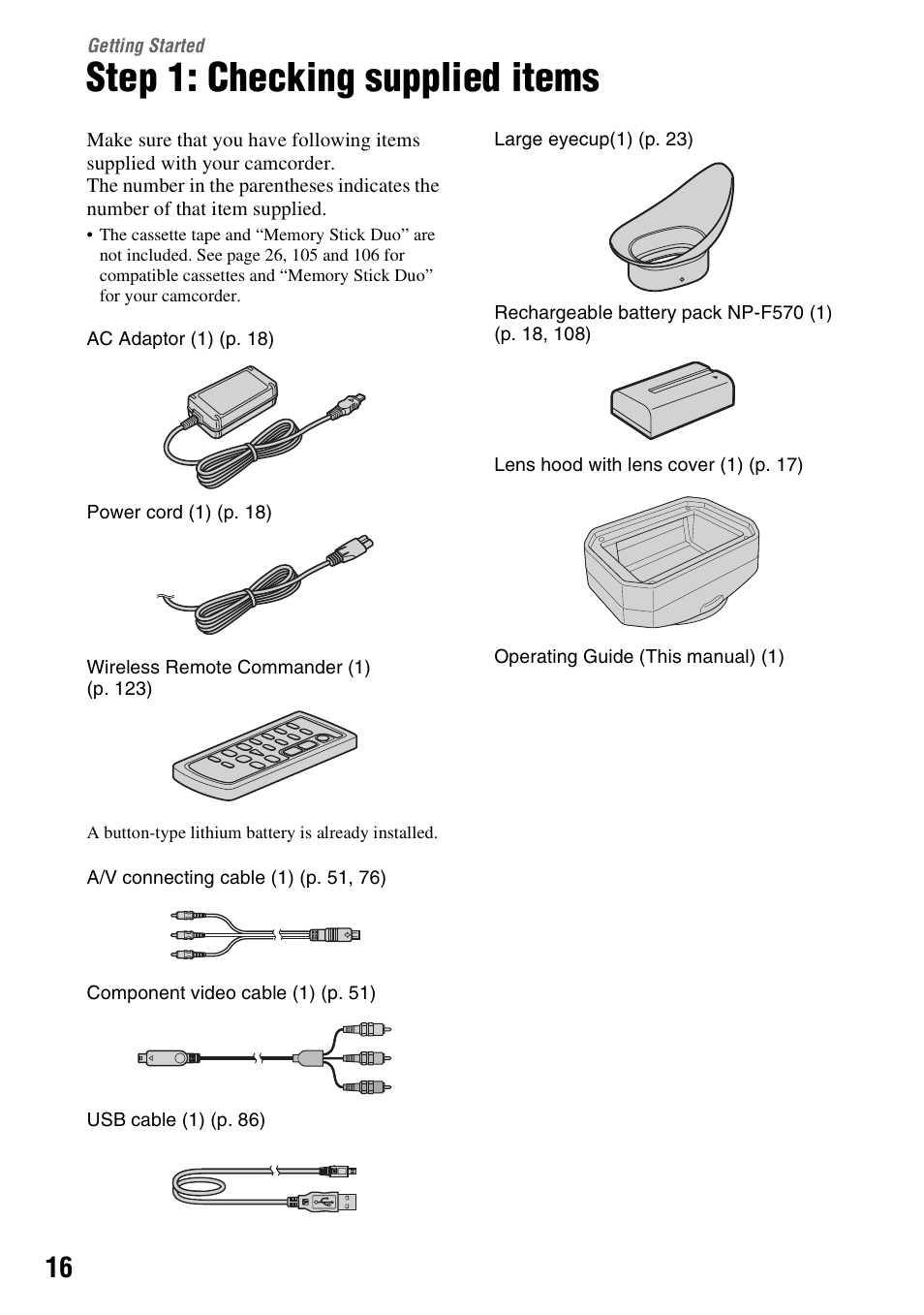 Getting started, Step 1: checking supplied items | Sony HDR-FX7 User Manual | Page 16 / 131