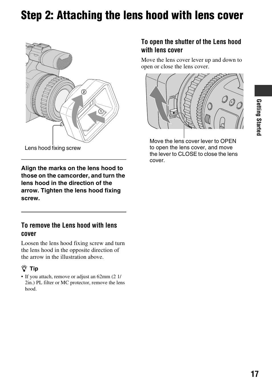 Step 2: attaching the lens hood with lens cover, P. 17 | Sony HDR-FX7 User Manual | Page 17 / 131