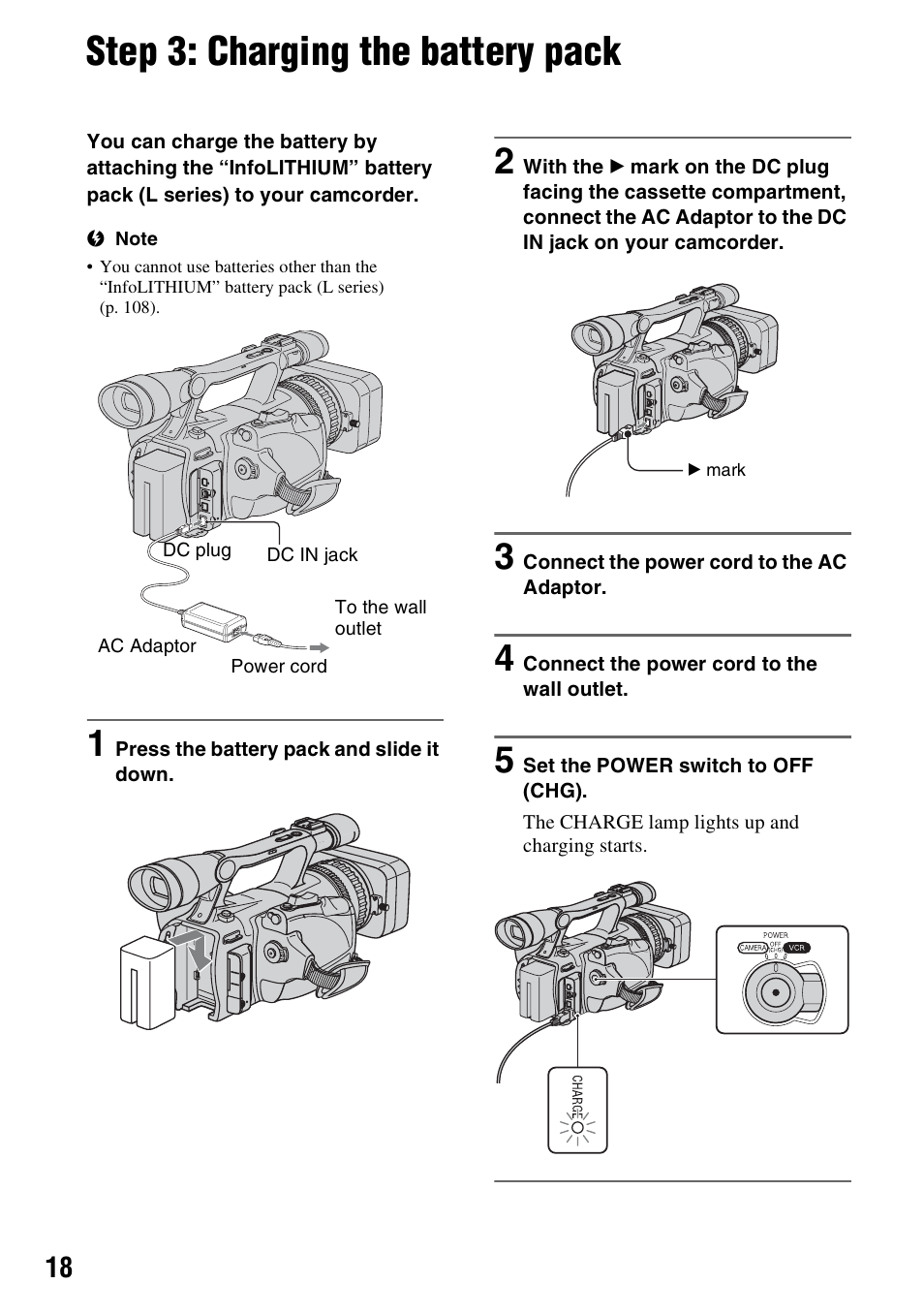 Step 3: charging the battery pack, R (1) (p. 18), Rd (1) (p. 18) | P. 18 | Sony HDR-FX7 User Manual | Page 18 / 131