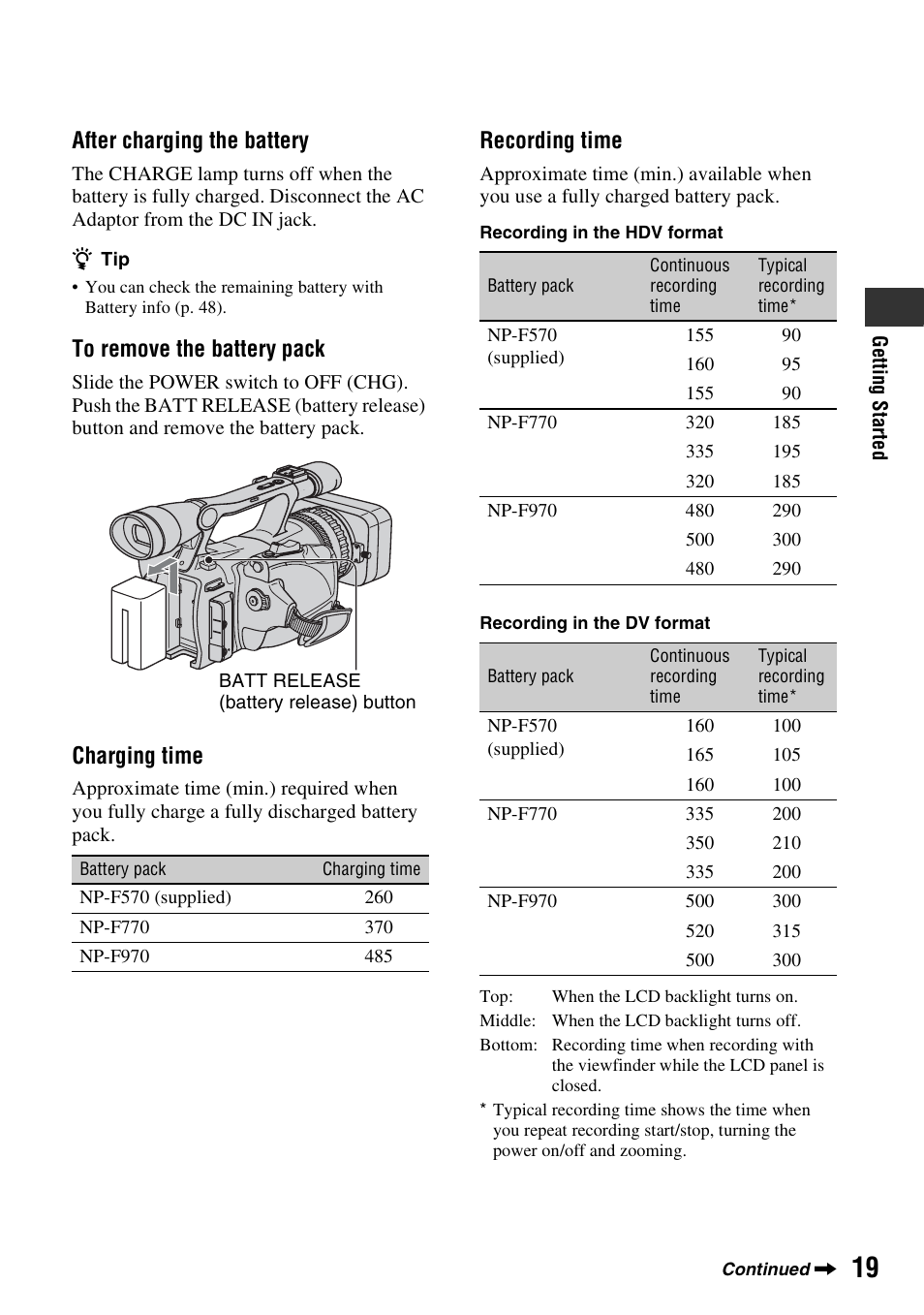 After charging the battery, Charging time, Recording time | Sony HDR-FX7 User Manual | Page 19 / 131