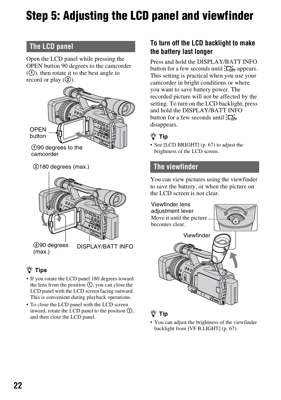 Step 5: adjusting the lcd panel and viewfinder, The lcd panel, The viewfinder | Sony HDR-FX7 User Manual | Page 22 / 131