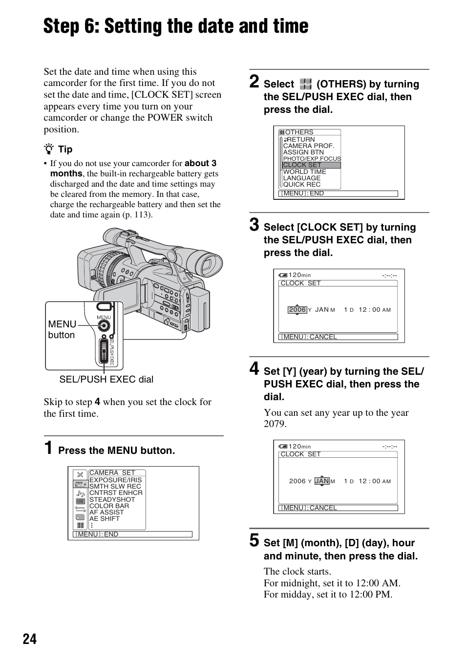 Step 6: setting the date and time, Press the menu button | Sony HDR-FX7 User Manual | Page 24 / 131