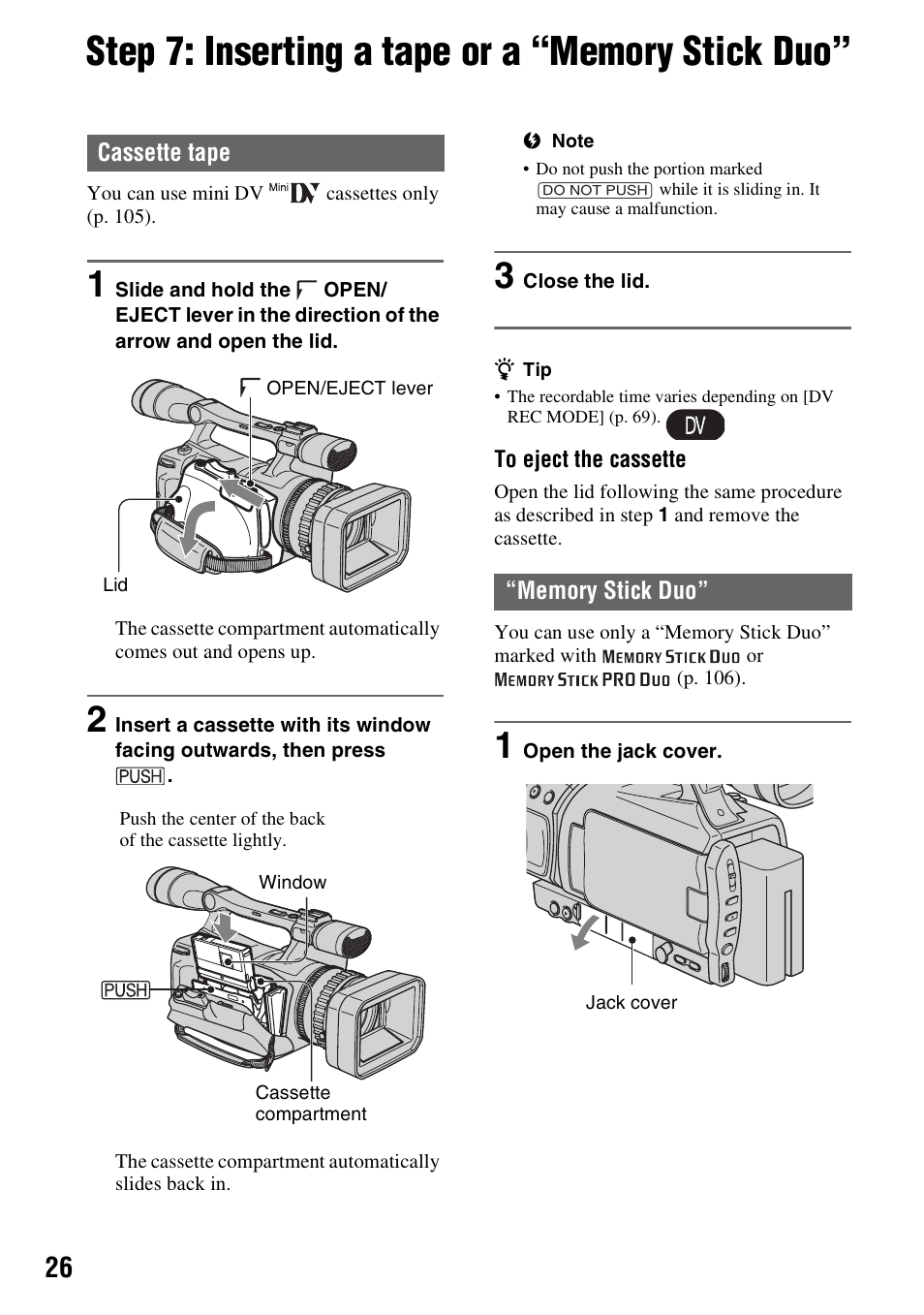 Step 7: inserting a tape or a “memory stick duo | Sony HDR-FX7 User Manual | Page 26 / 131