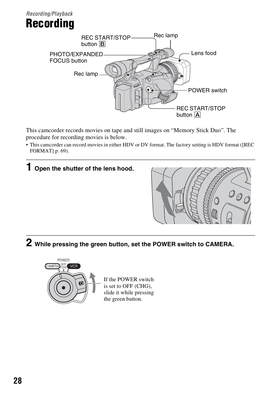 Recording/playback, Recording | Sony HDR-FX7 User Manual | Page 28 / 131
