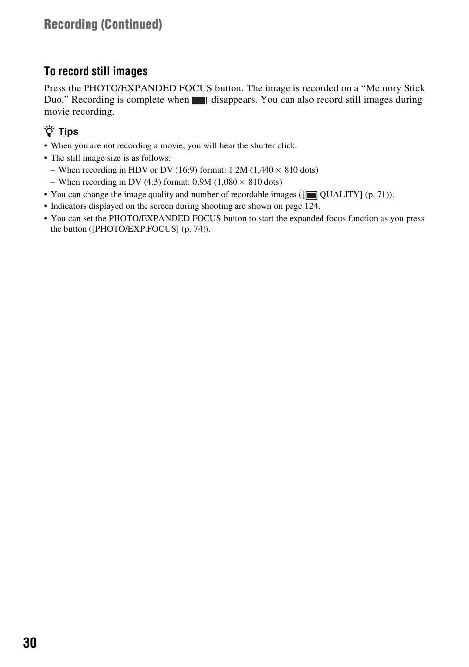 P. 30), Recording (continued) | Sony HDR-FX7 User Manual | Page 30 / 131
