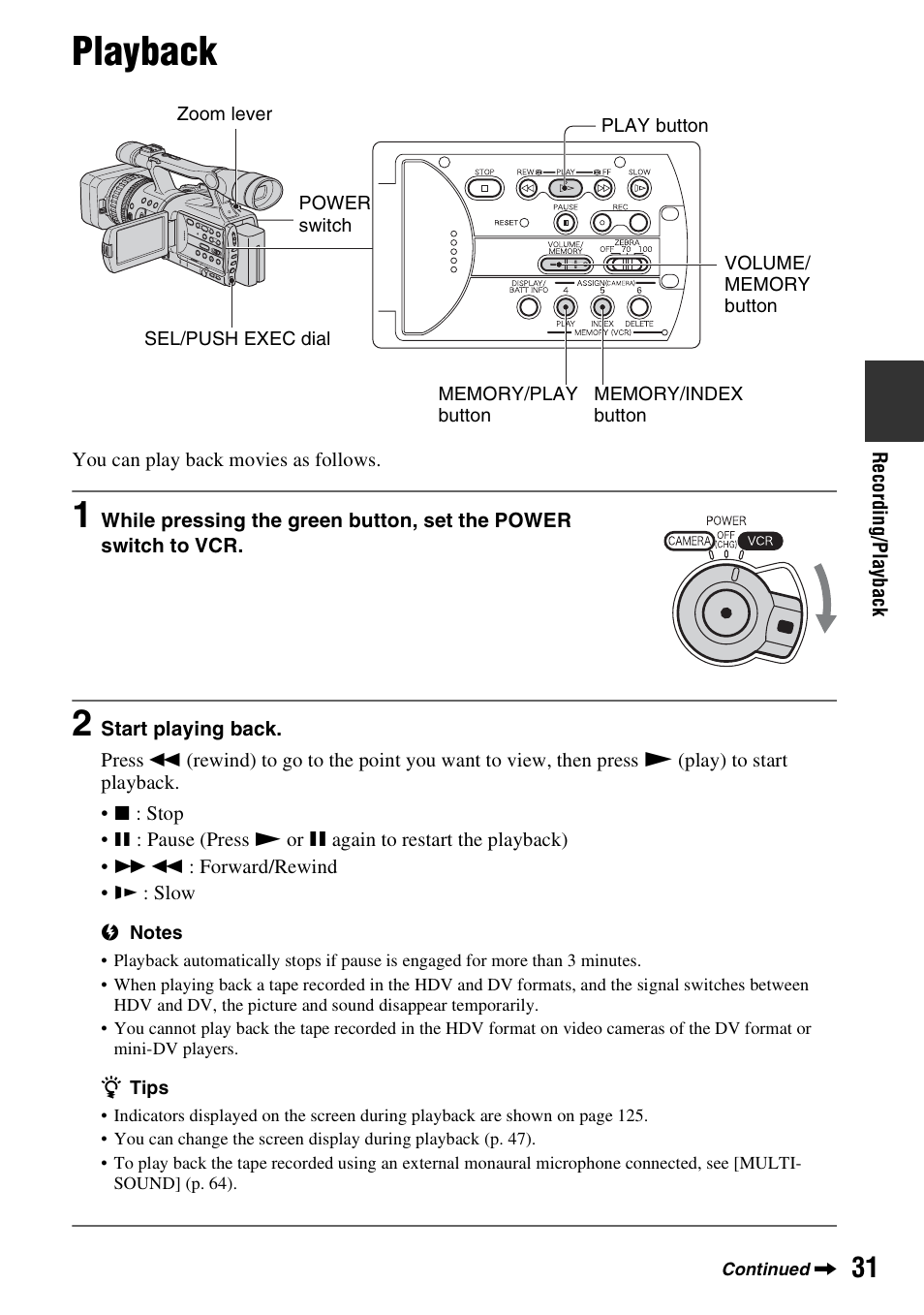 Playback | Sony HDR-FX7 User Manual | Page 31 / 131