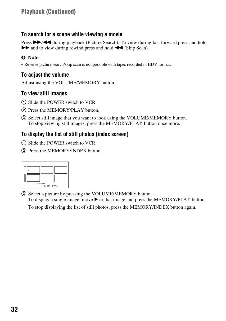 Playback (continued) | Sony HDR-FX7 User Manual | Page 32 / 131