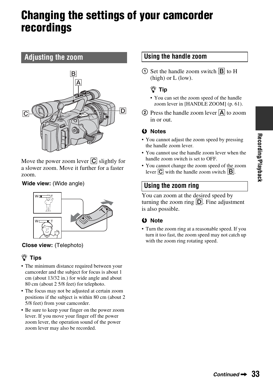 Changing the settings of your camcorder recordings, Adjusting the zoom | Sony HDR-FX7 User Manual | Page 33 / 131