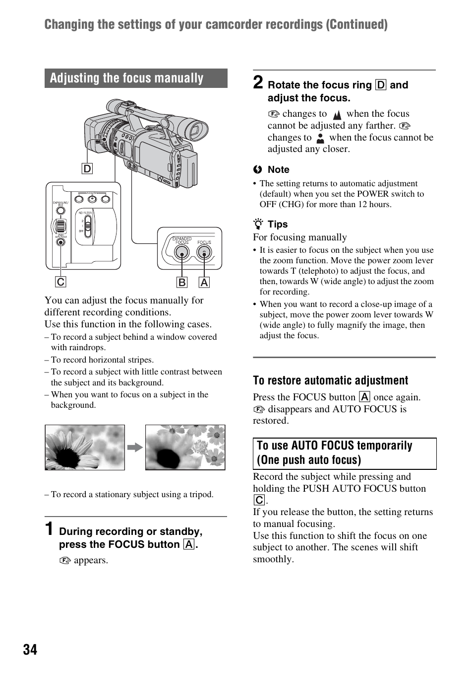 Adjusting the focus manually | Sony HDR-FX7 User Manual | Page 34 / 131