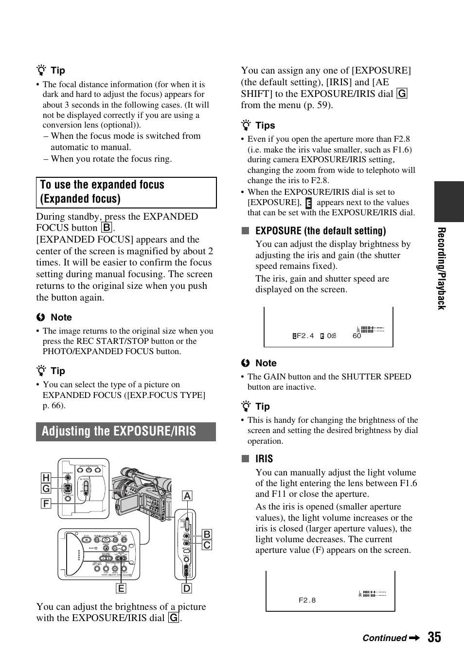 Adjusting the exposure/iris, Al (p. 35) | Sony HDR-FX7 User Manual | Page 35 / 131