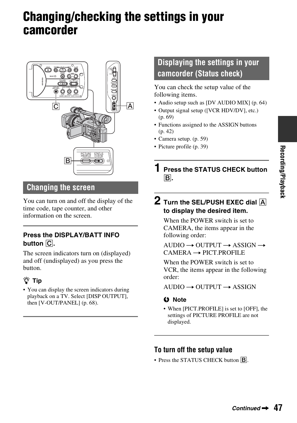 Changing/checking the settings in your camcorder, Changing the screen, Ing (p. 47) | On (p. 47), Ay (p. 47) | Sony HDR-FX7 User Manual | Page 47 / 131