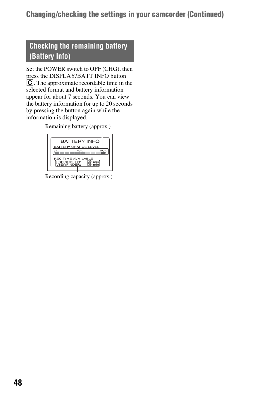 Checking the remaining battery(battery info), Checking the remaining battery (battery info) | Sony HDR-FX7 User Manual | Page 48 / 131