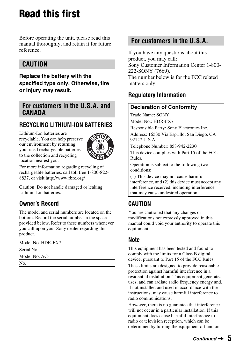 Read this first, Caution for customers in the u.s.a. and canada, For customers in the u.s.a | Sony HDR-FX7 User Manual | Page 5 / 131
