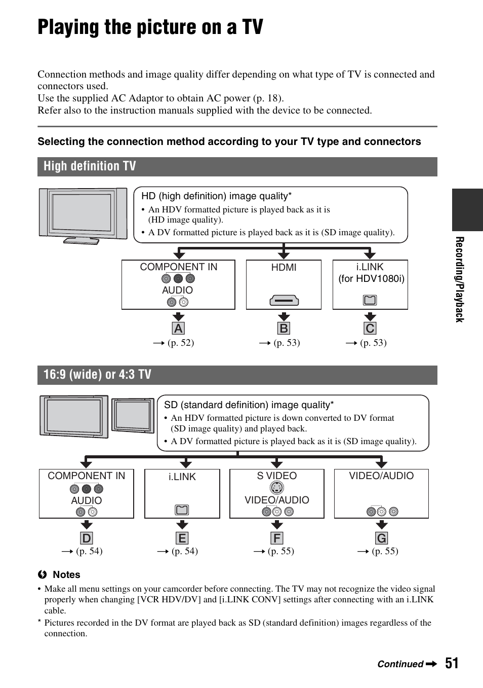 Playing the picture on a tv, P. 51), P. 51 | E (1) (p. 51) | Sony HDR-FX7 User Manual | Page 51 / 131