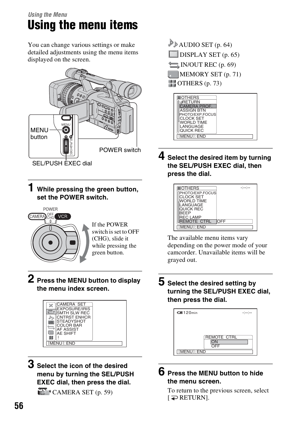 Using the menu, Using the menu items | Sony HDR-FX7 User Manual | Page 56 / 131