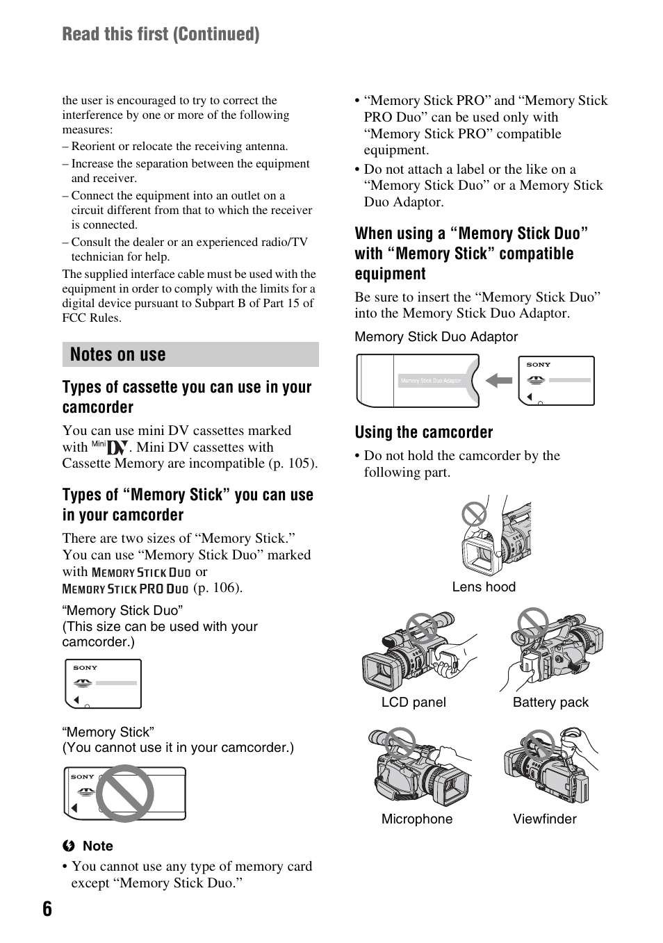 Read this first (continued) | Sony HDR-FX7 User Manual | Page 6 / 131