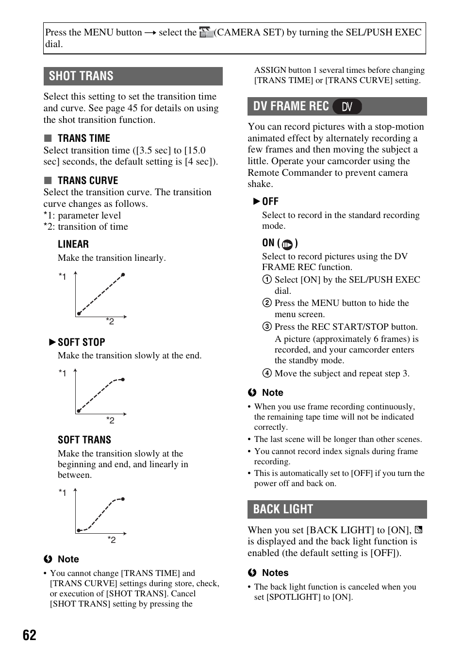P. 62), Shot trans, Dv frame rec back light | Sony HDR-FX7 User Manual | Page 62 / 131