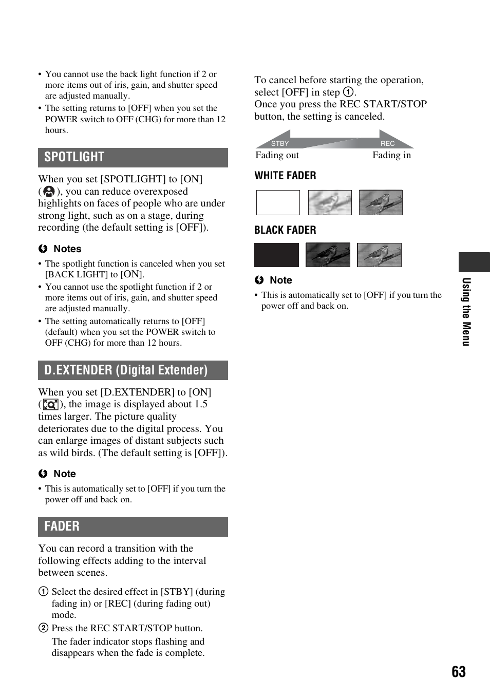 P. 63), Spotlight d.extender (digital extender) fader | Sony HDR-FX7 User Manual | Page 63 / 131