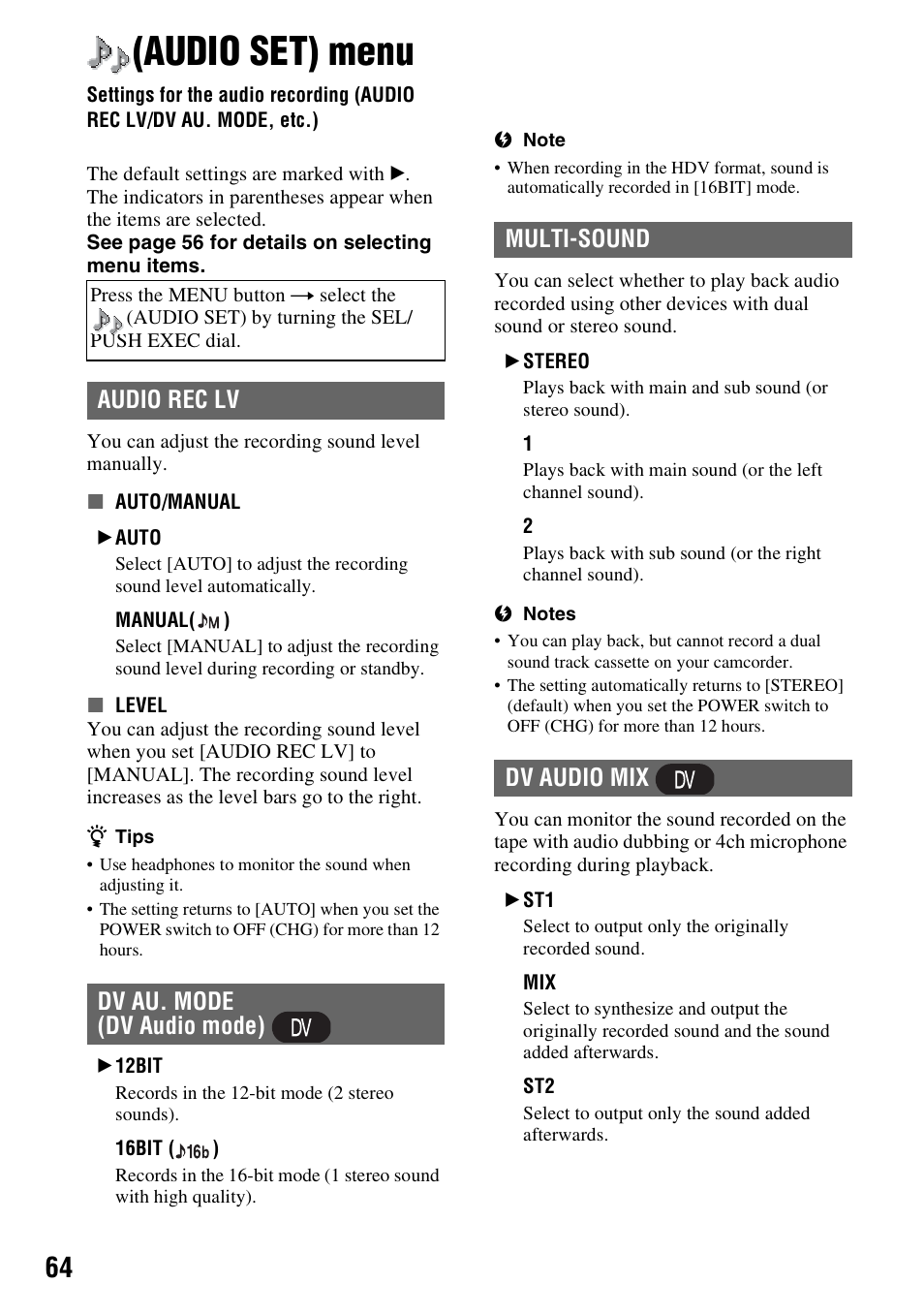 Audio set menu, Audio set) menu, P. 64) | O set (p. 64), Audio rec lv dv au. mode (dv audio mode), Multi-sound dv audio mix | Sony HDR-FX7 User Manual | Page 64 / 131