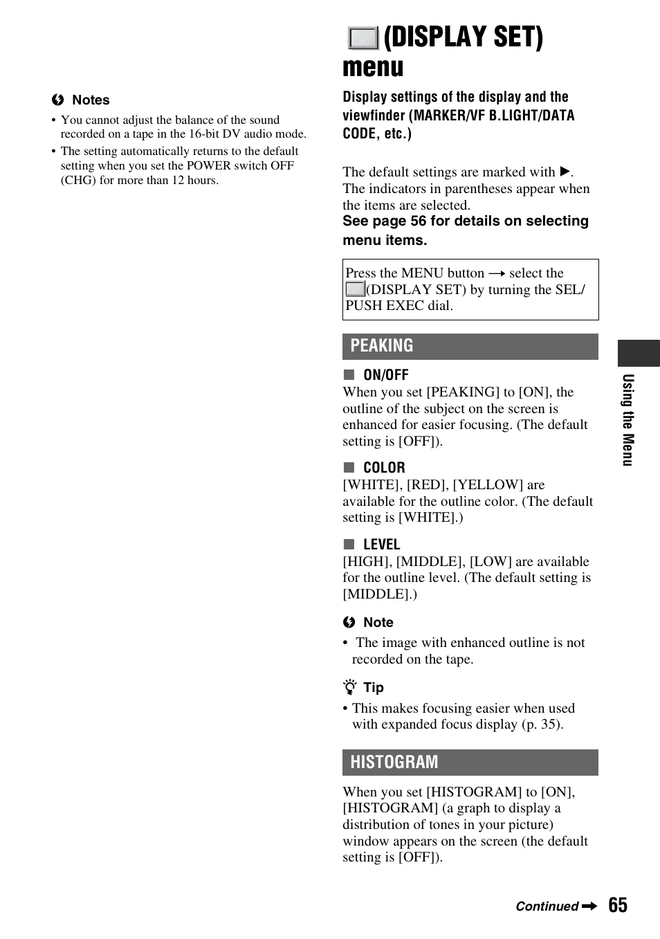 Display set menu, Display set) menu, P. 65) | Peaking histogram | Sony HDR-FX7 User Manual | Page 65 / 131