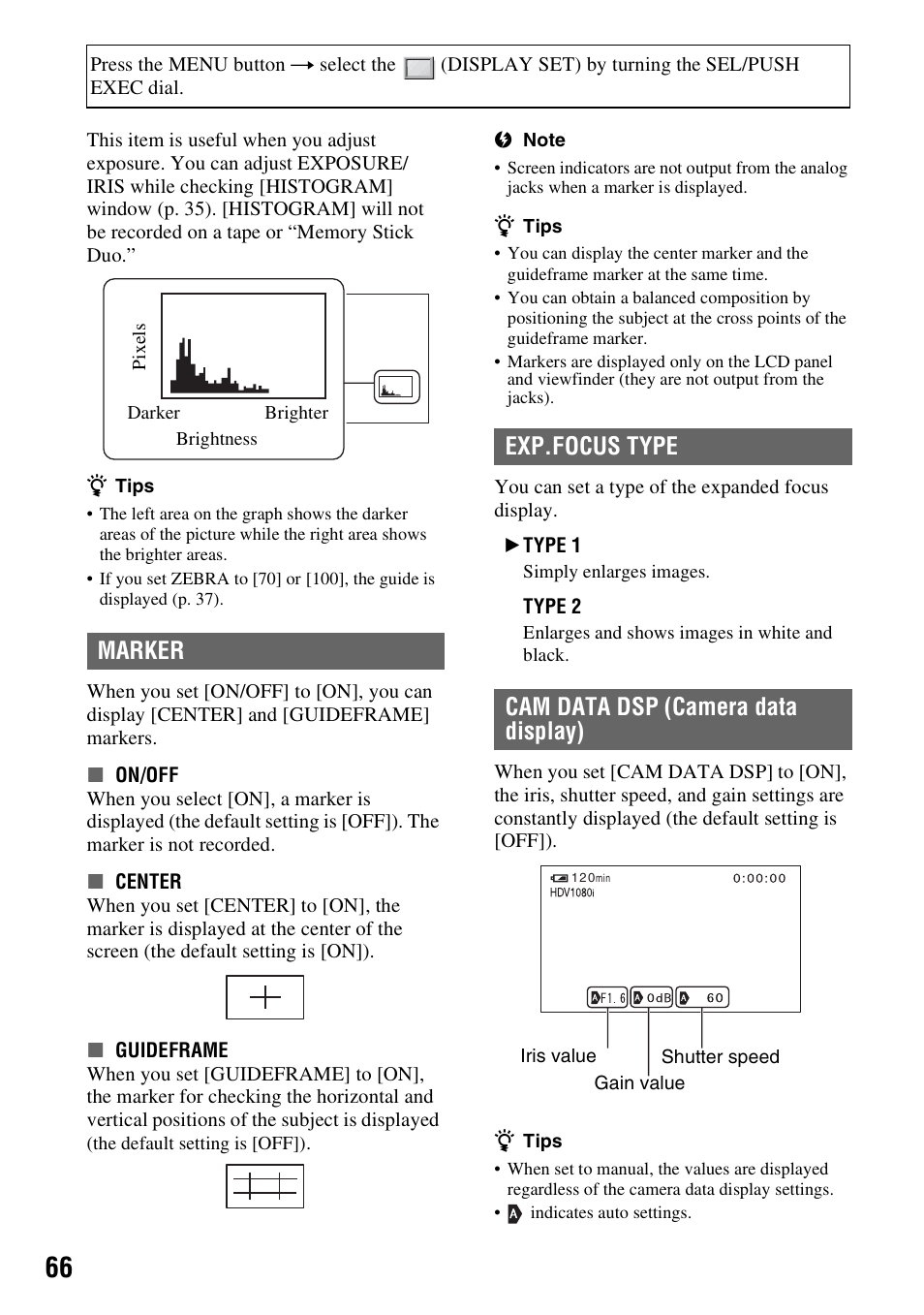 P. 66), Marker, Exp.focus type cam data dsp (camera data display) | Sony HDR-FX7 User Manual | Page 66 / 131