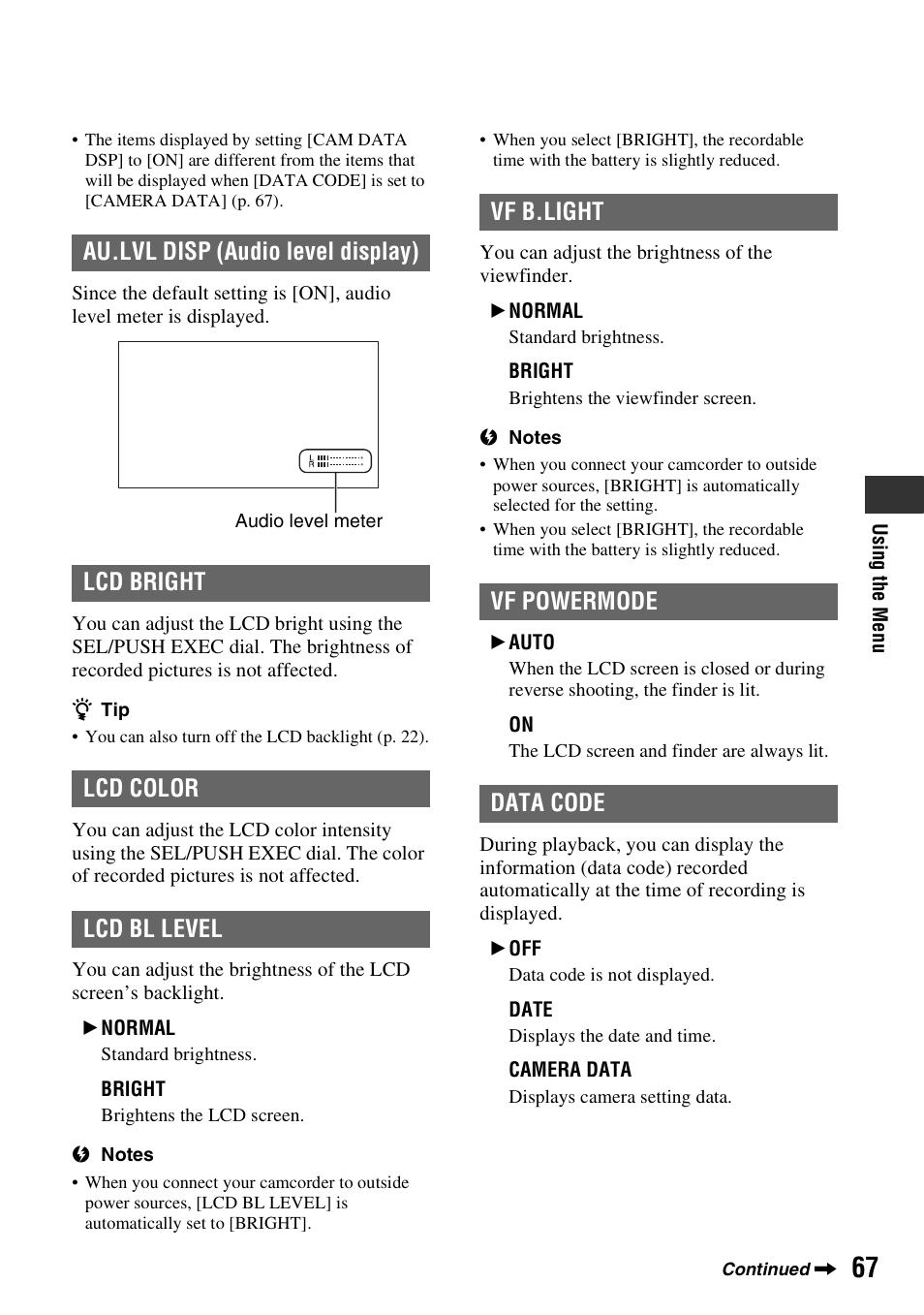 Vf b.light vf powermode data code | Sony HDR-FX7 User Manual | Page 67 / 131