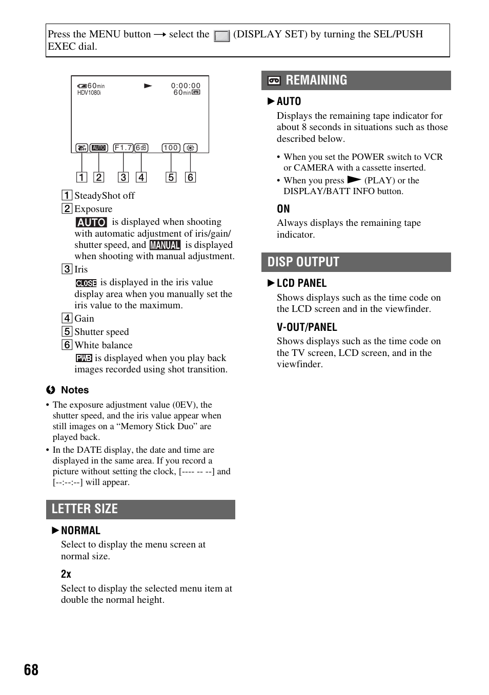 P. 68), Letter size, Remaining disp output | Sony HDR-FX7 User Manual | Page 68 / 131