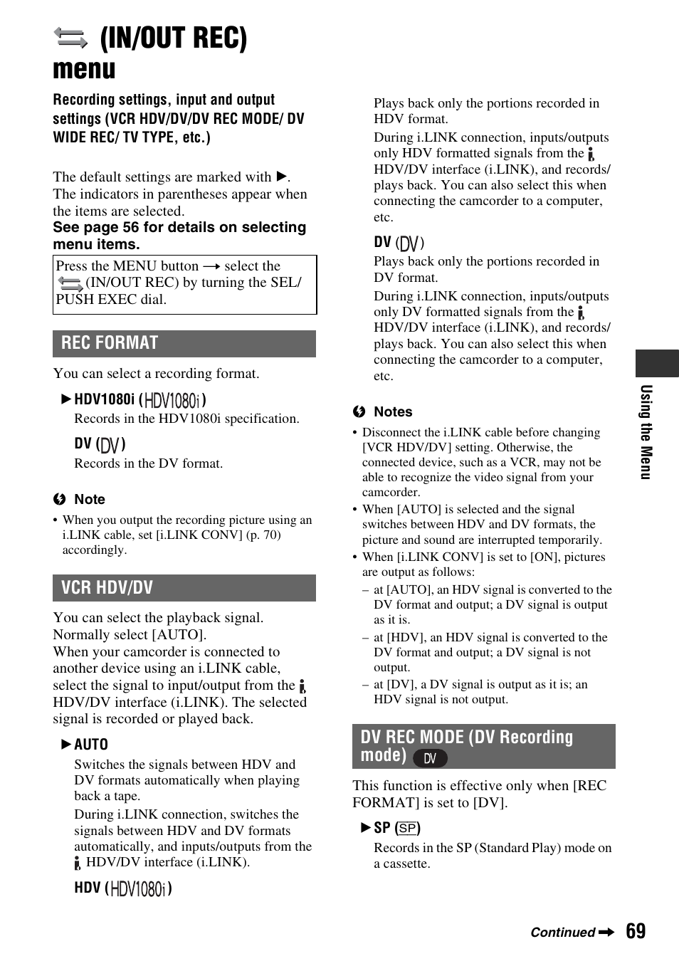 In/out rec menu, In/out rec) menu, P. 69) | Auto] (p. 69), C (p. 69), Rec format vcr hdv/dv, Dv rec mode (dv recording mode) | Sony HDR-FX7 User Manual | Page 69 / 131