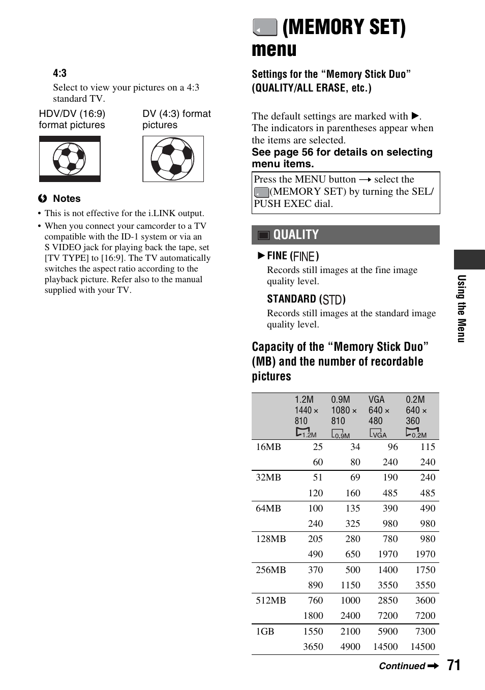 Memory set menu, Memory set) menu, P. 71) | Quality | Sony HDR-FX7 User Manual | Page 71 / 131