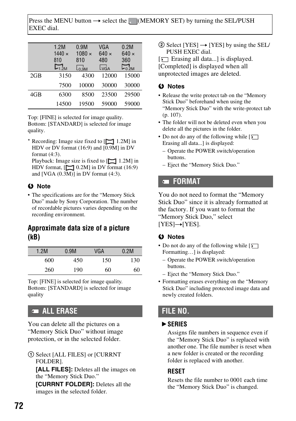 All erase, Format file no, Approximate data size of a picture (kb) | Sony HDR-FX7 User Manual | Page 72 / 131
