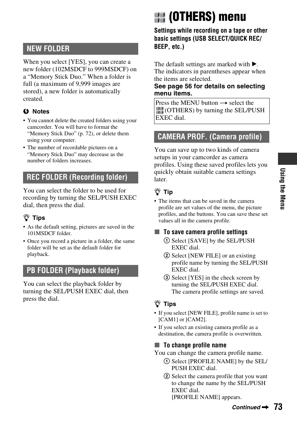 Others menu, Others) menu, E (p. 73) | P. 73), Camera prof. (camera profile) | Sony HDR-FX7 User Manual | Page 73 / 131