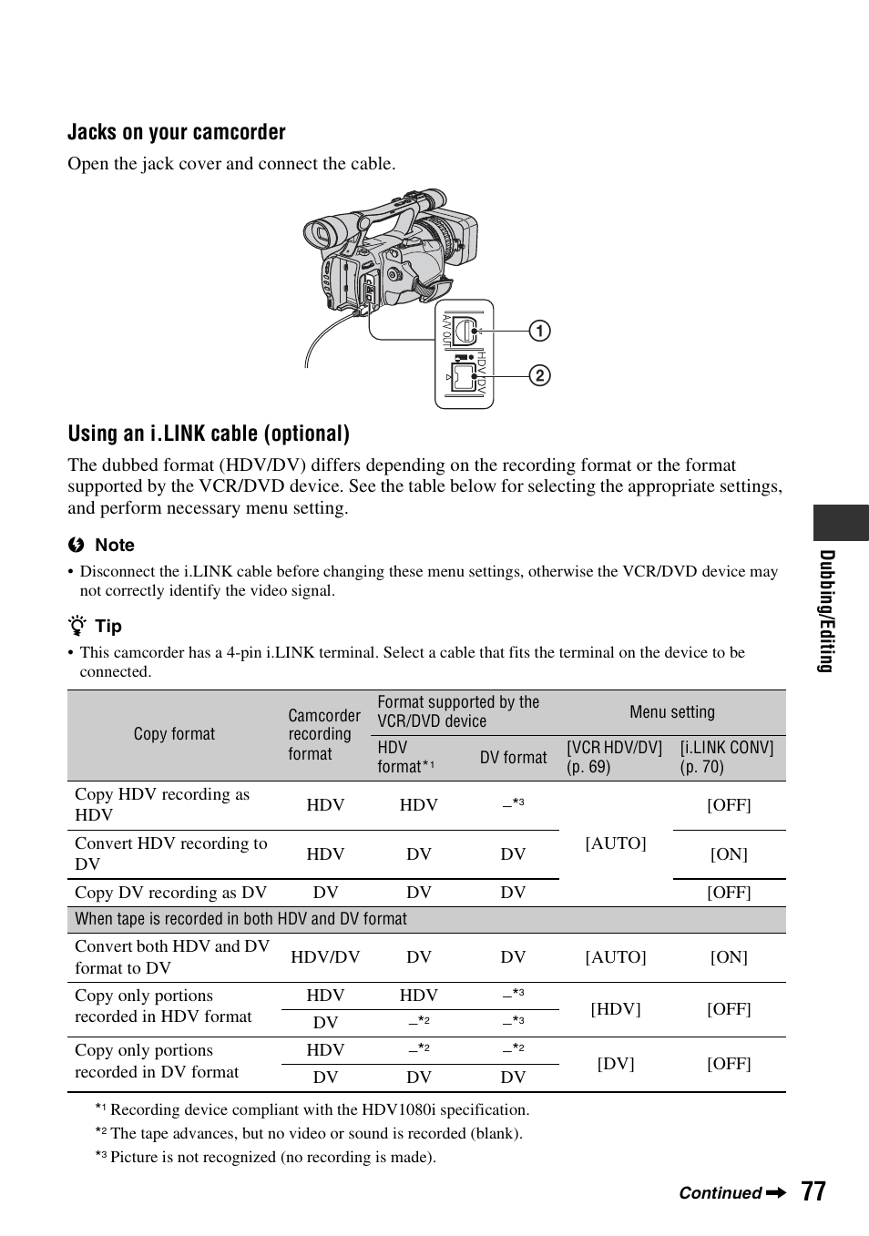 Jacks on your camcorder, Using an i.link cable (optional) | Sony HDR-FX7 User Manual | Page 77 / 131