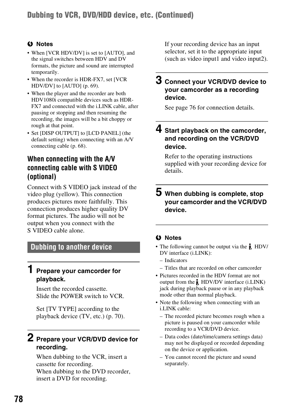 Dubbing to vcr, dvd/hdd device, etc. (continued) | Sony HDR-FX7 User Manual | Page 78 / 131