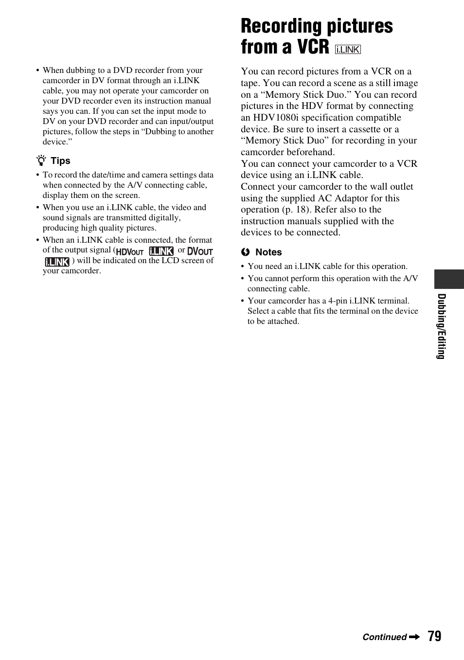Recording pictures from a vcr | Sony HDR-FX7 User Manual | Page 79 / 131