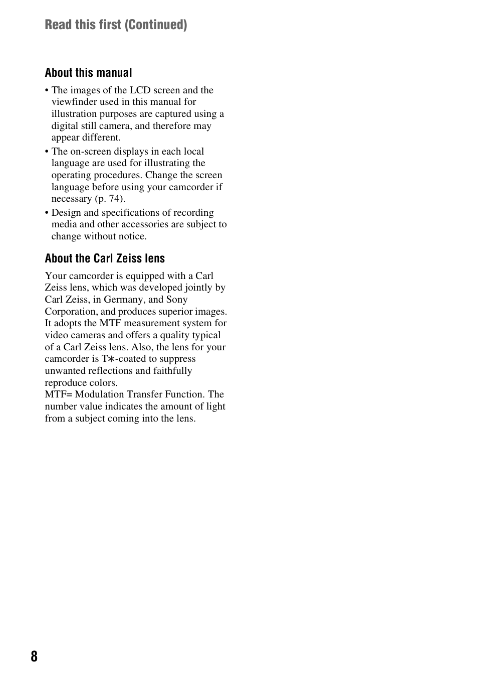 Read this first (continued) | Sony HDR-FX7 User Manual | Page 8 / 131