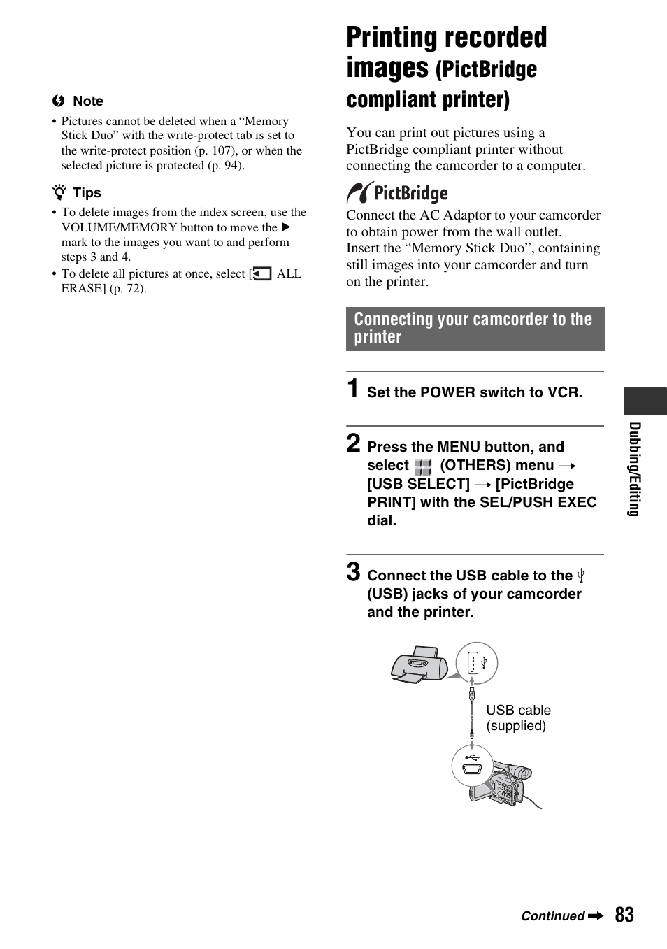 P. 83), Printing recorded images, Pictbridge compliant printer) | Sony HDR-FX7 User Manual | Page 83 / 131